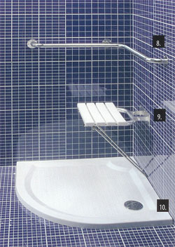8. madlo do sprchového koutu, 9. sklopné sprchové sedátko s opěrnou nohou, 10. sprchová vanička z litého mramoru